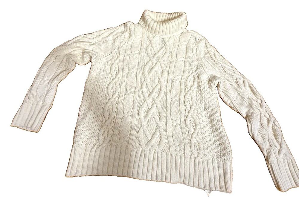 LANDS’ END Women’s Ivory Cable Knit Turtleneck Pullover Sweater 100% Cotton XL